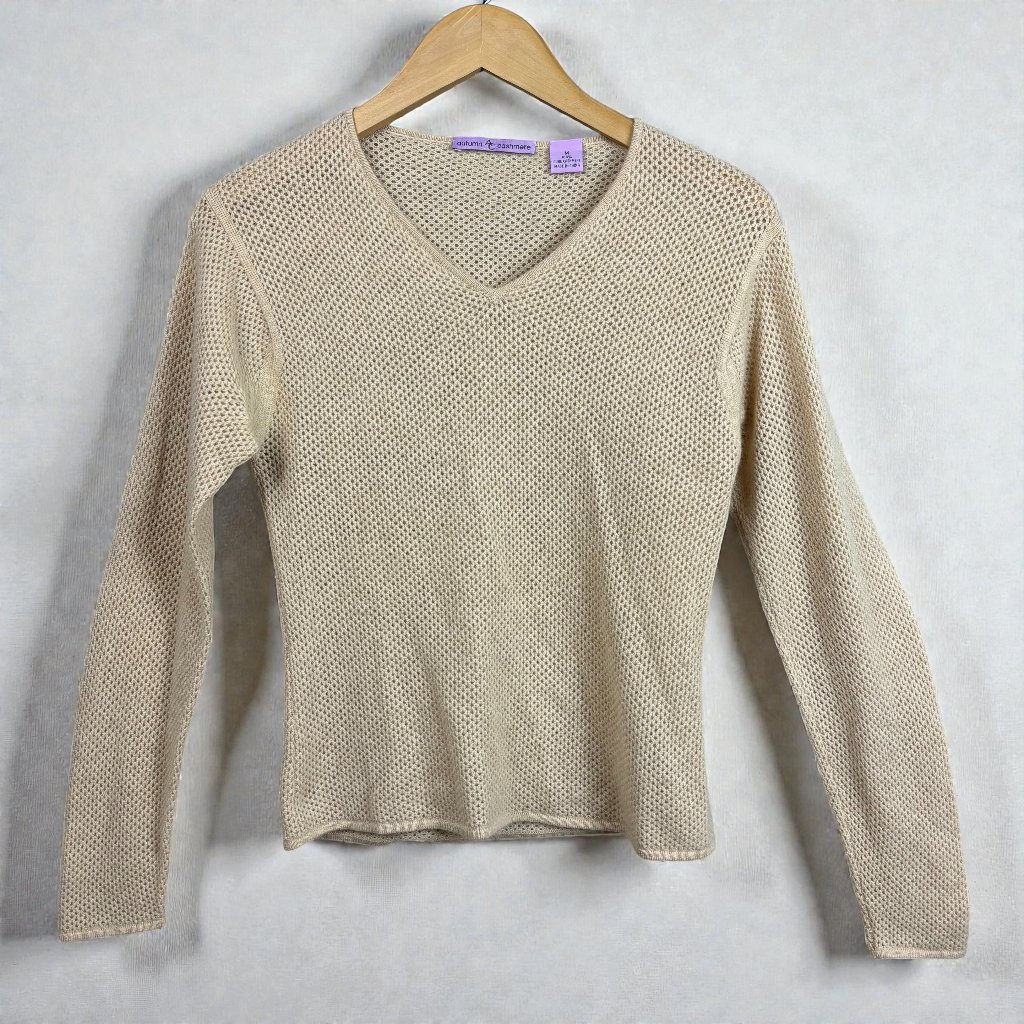 Autumn Cashmere 100% Cashmere M Beige Open Knit V Neck Sweater Cropped